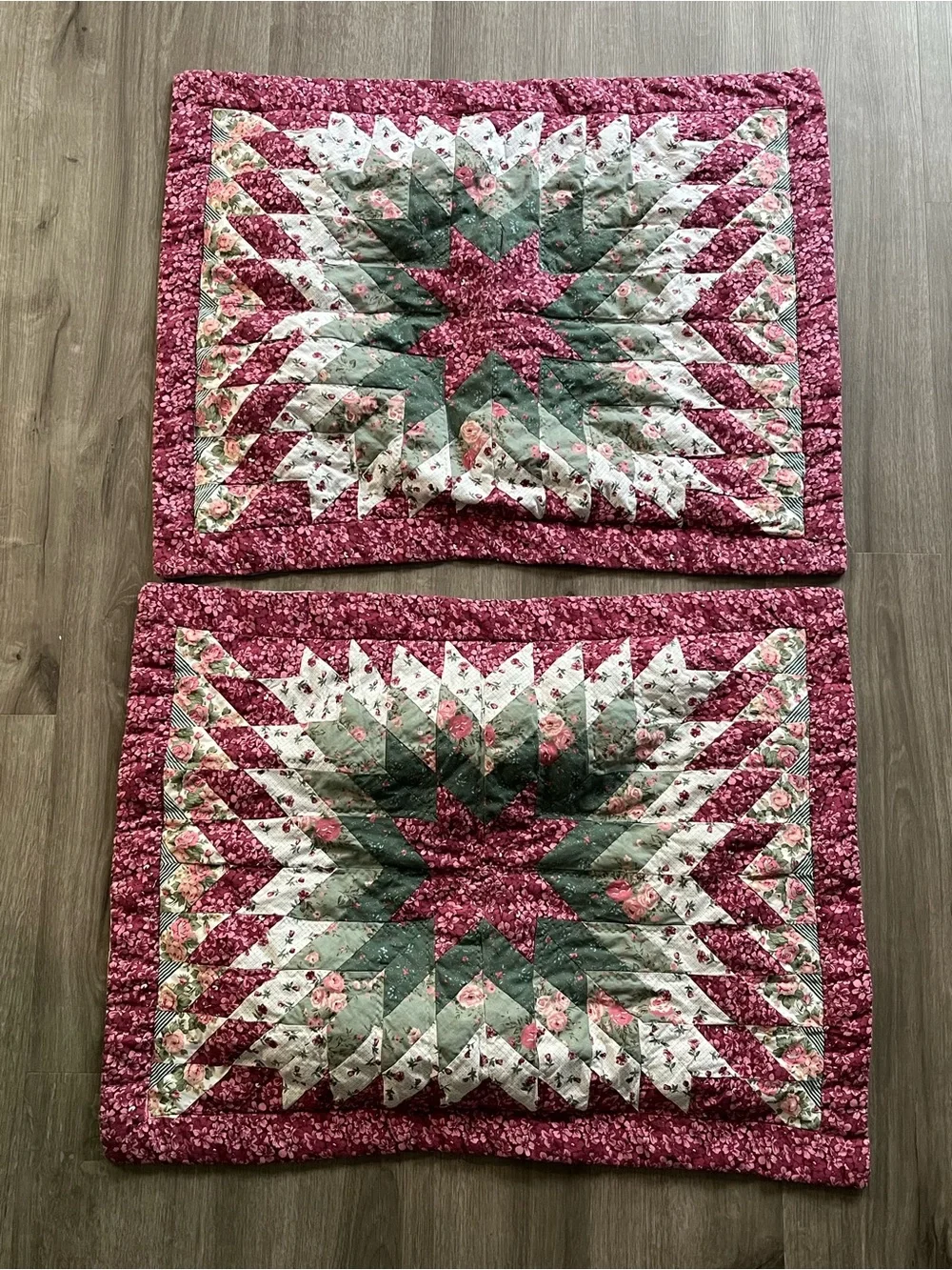 Vintage Set of 2 Quilted Pillow Shams in Green & Berry Tones- JC Penney Home